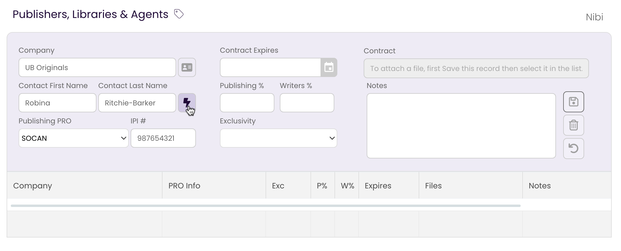Clicking the Lightning Bolt button to autofill your personal information into TrackStage's Publishing Tab.