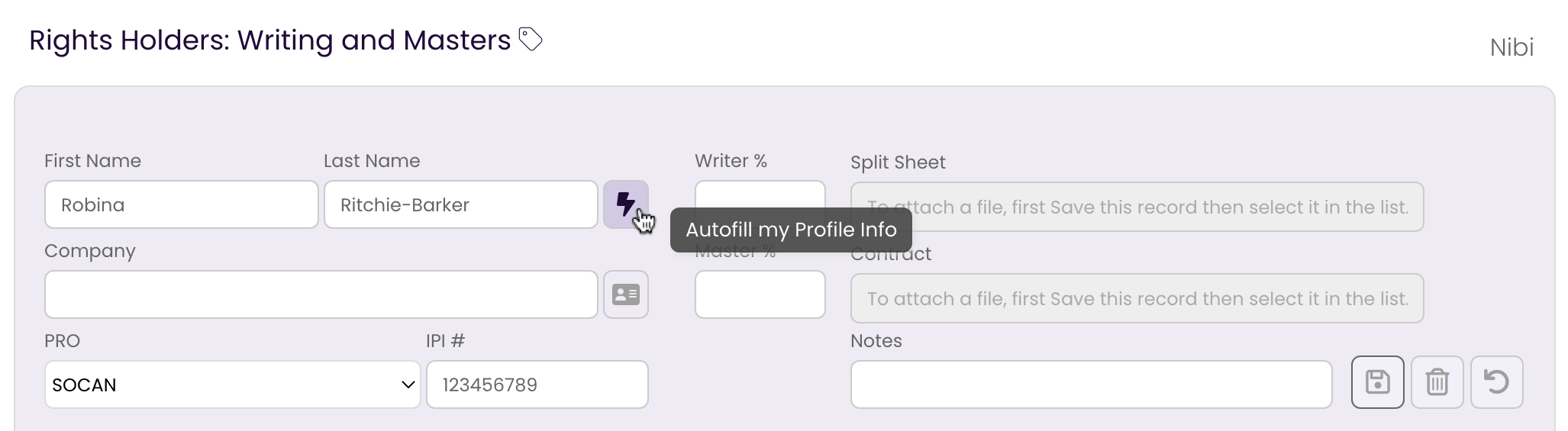 Clicking the Lightning Bolt button to autofill your personal information into TrackStage's Rights Tab.