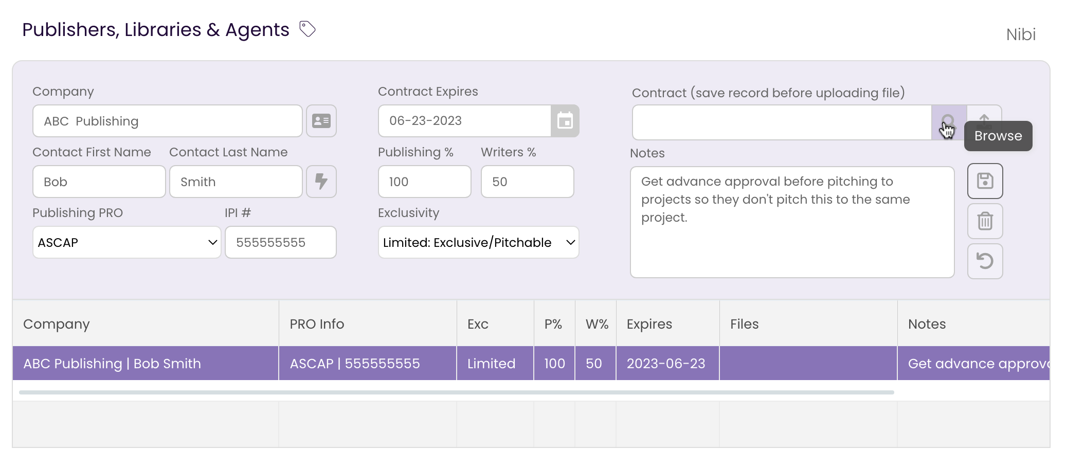 Clicking the Browse button to select a Contract to add to the Publishing Rights Holder record.