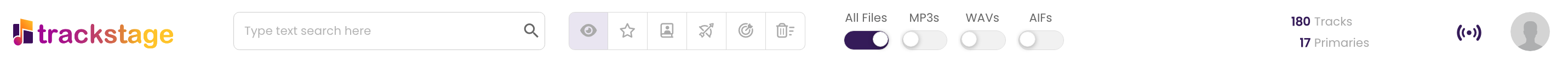 Search and Filter buttons in the TrackStage Header.