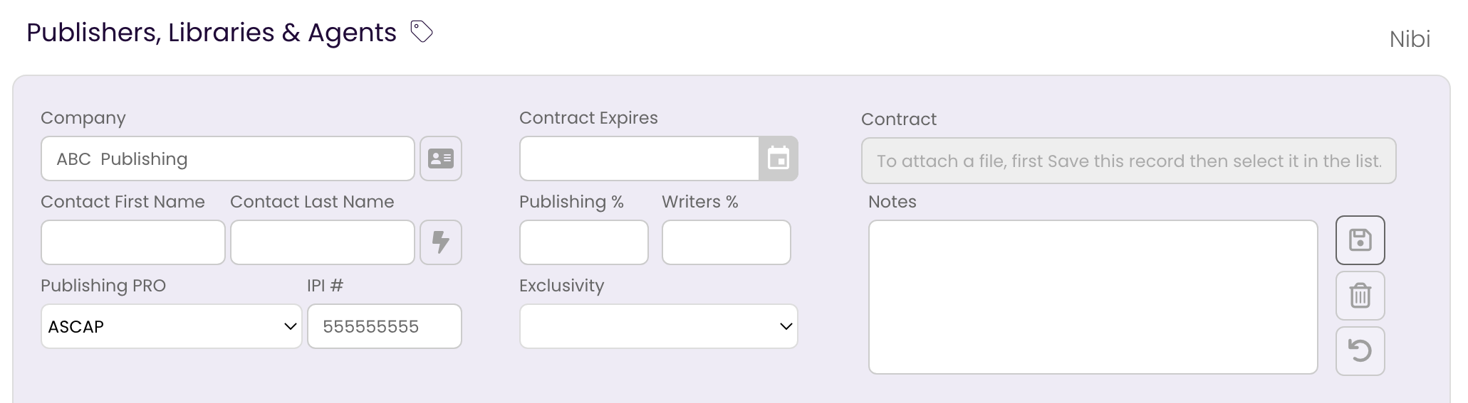 The Publishing Tab showing the selected contact information in the form.
