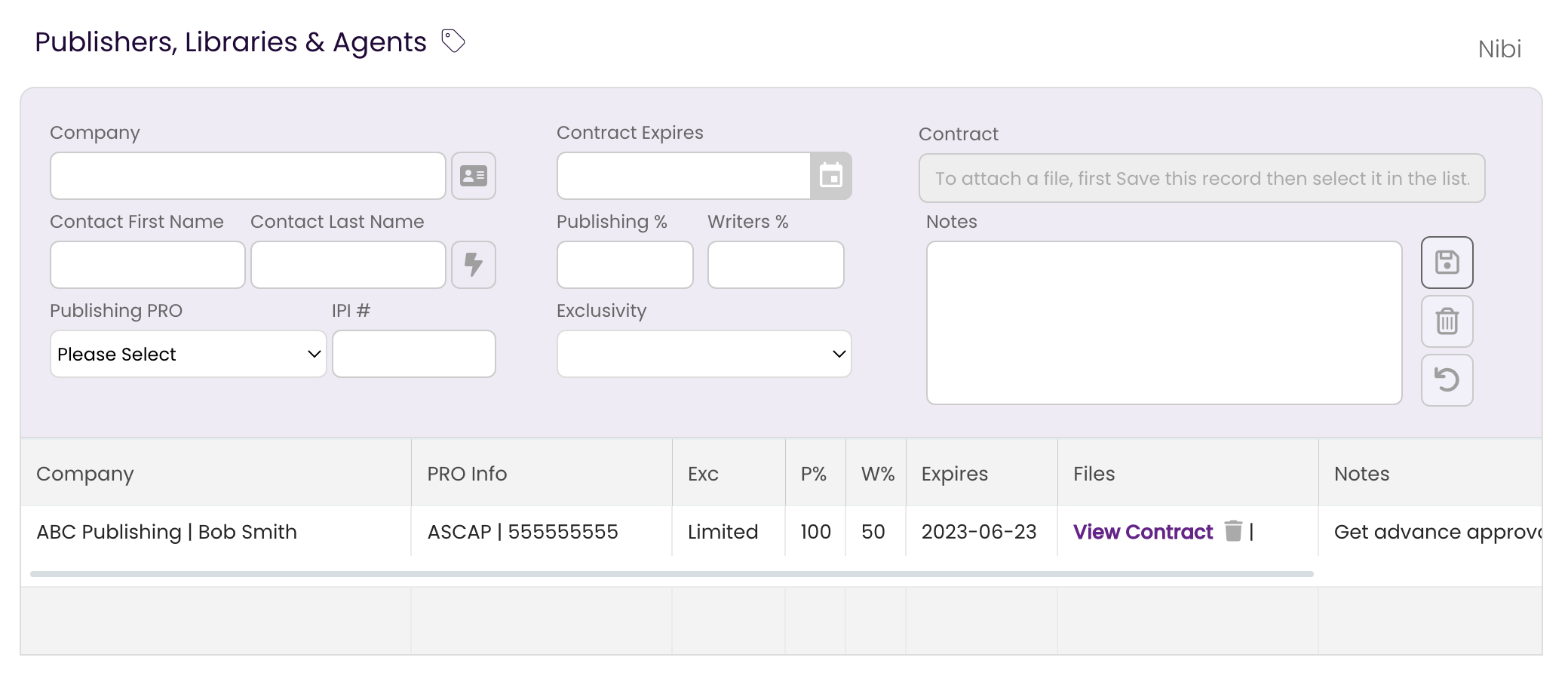 The Publishing tab showing the updated Publishing Rights Holder record with the Contract added.