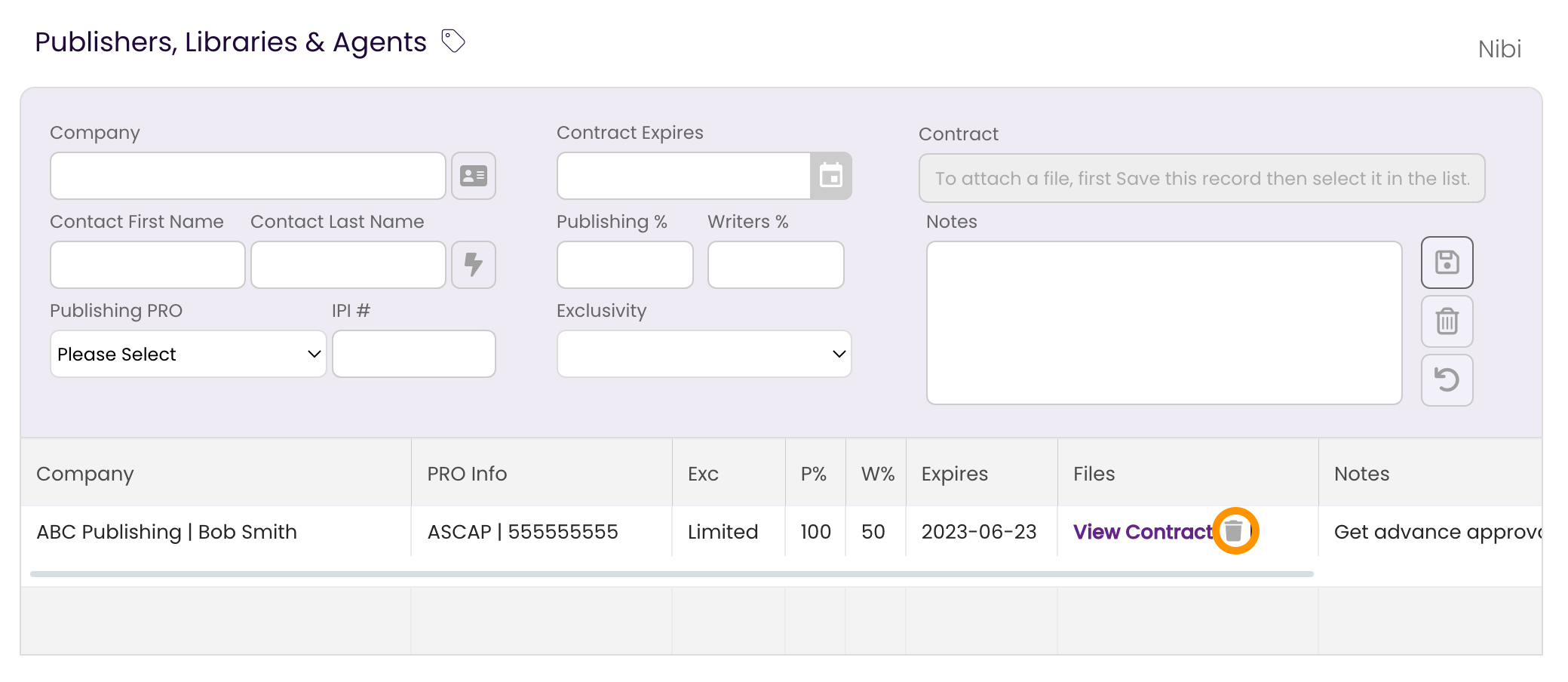 The Publishing Tab showing where to click to delete the Contract from the Publishing Rights Holder record.