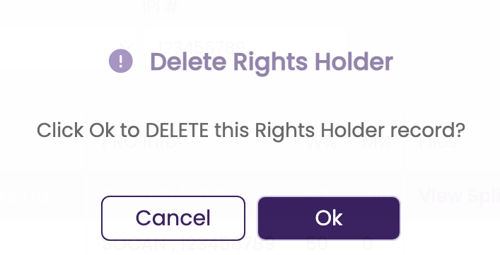 The dialog box confirming you want to delete the Rights Holder record from the track.