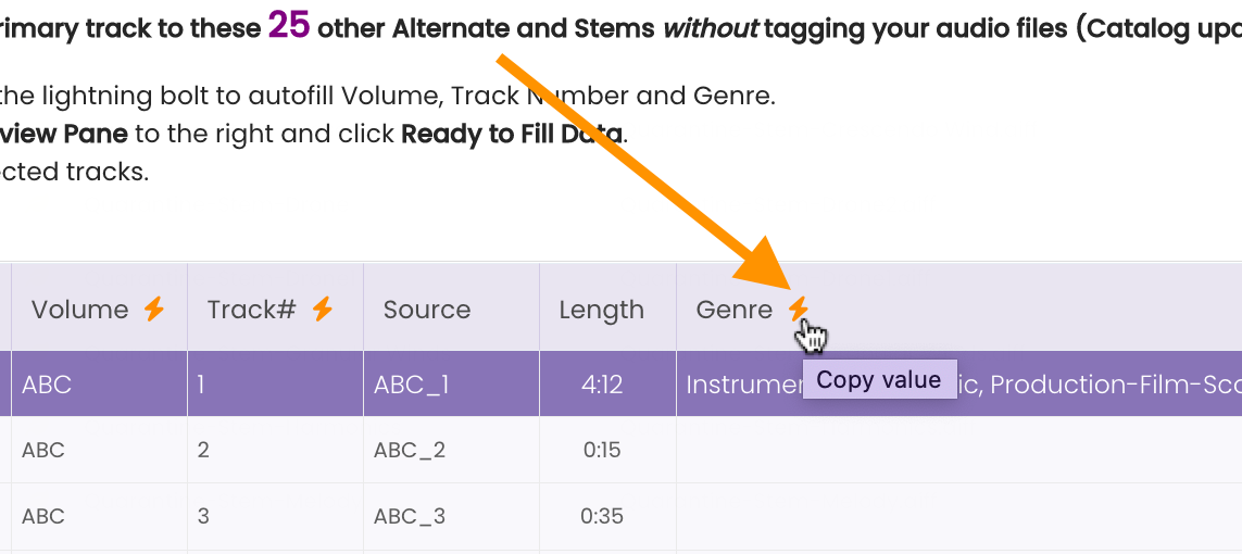 The lightning bolt next to the Volume header will autofill the volume ID to all linked tracks.