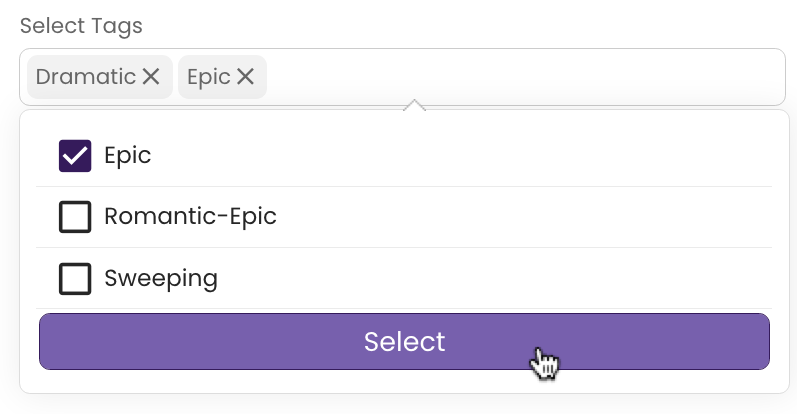 Clicking the Select button in the drop-down to add the keywords to the track.