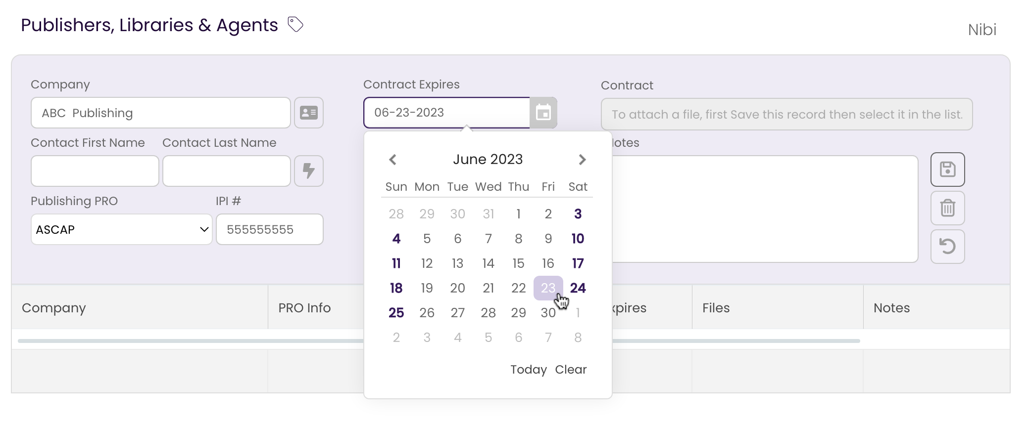 Selecting the date the contract expires using the date selector in the Publisher Tab.