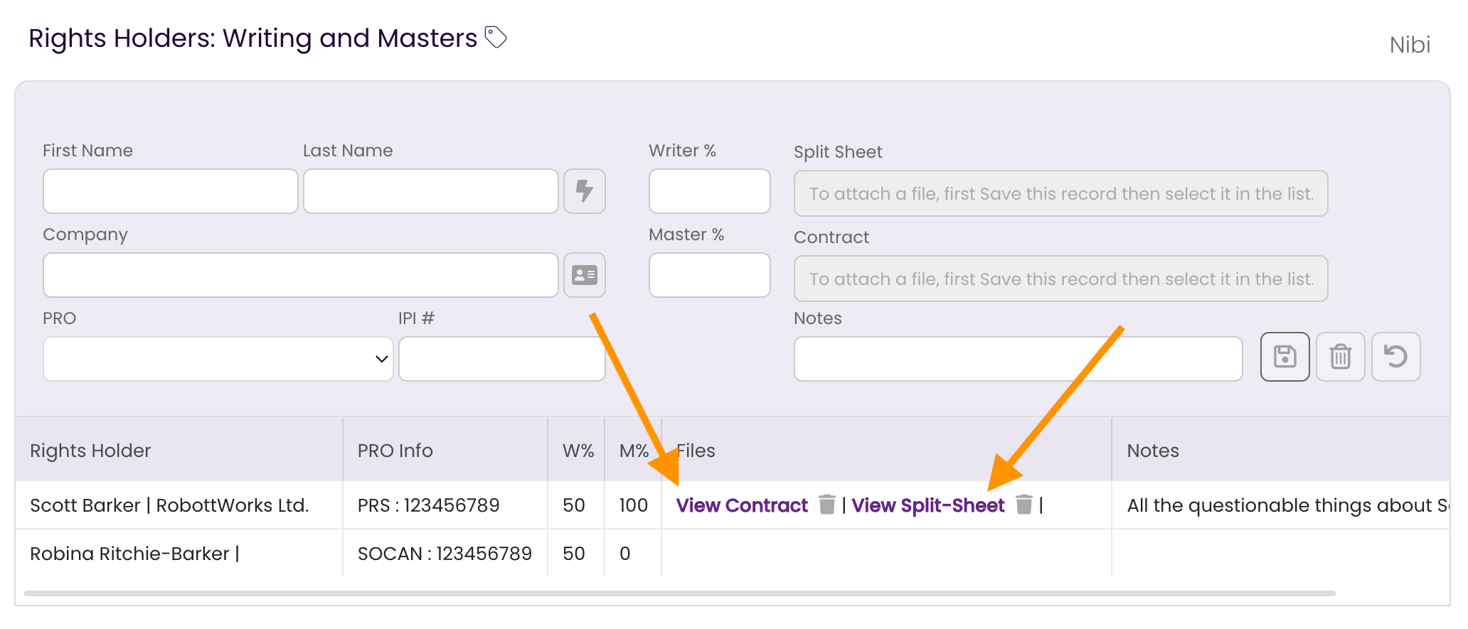 The Rights Tab showing where to click to view the Split Sheet and the Contract for the Rights Holder record.