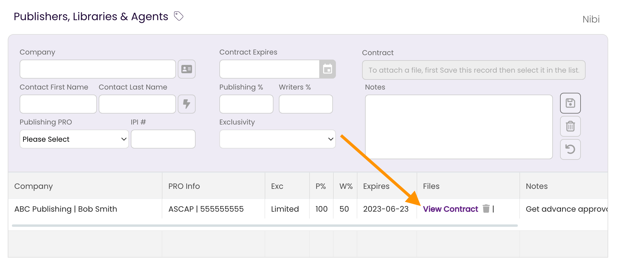 The Publishing Tab showing where to click to view the the Contract for the Publishing Rights Holder record.
