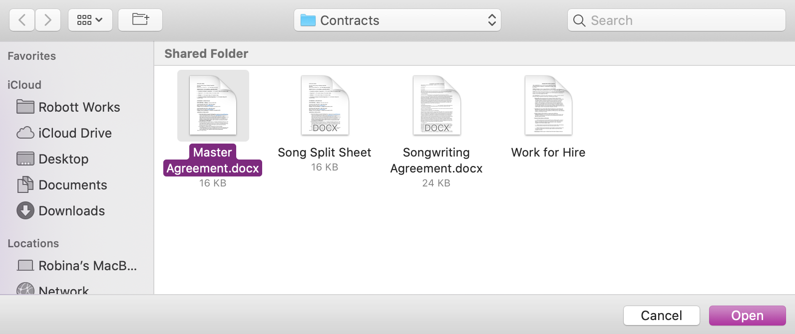 Selecting the Contract to add to the Rights Holder record from the computer.