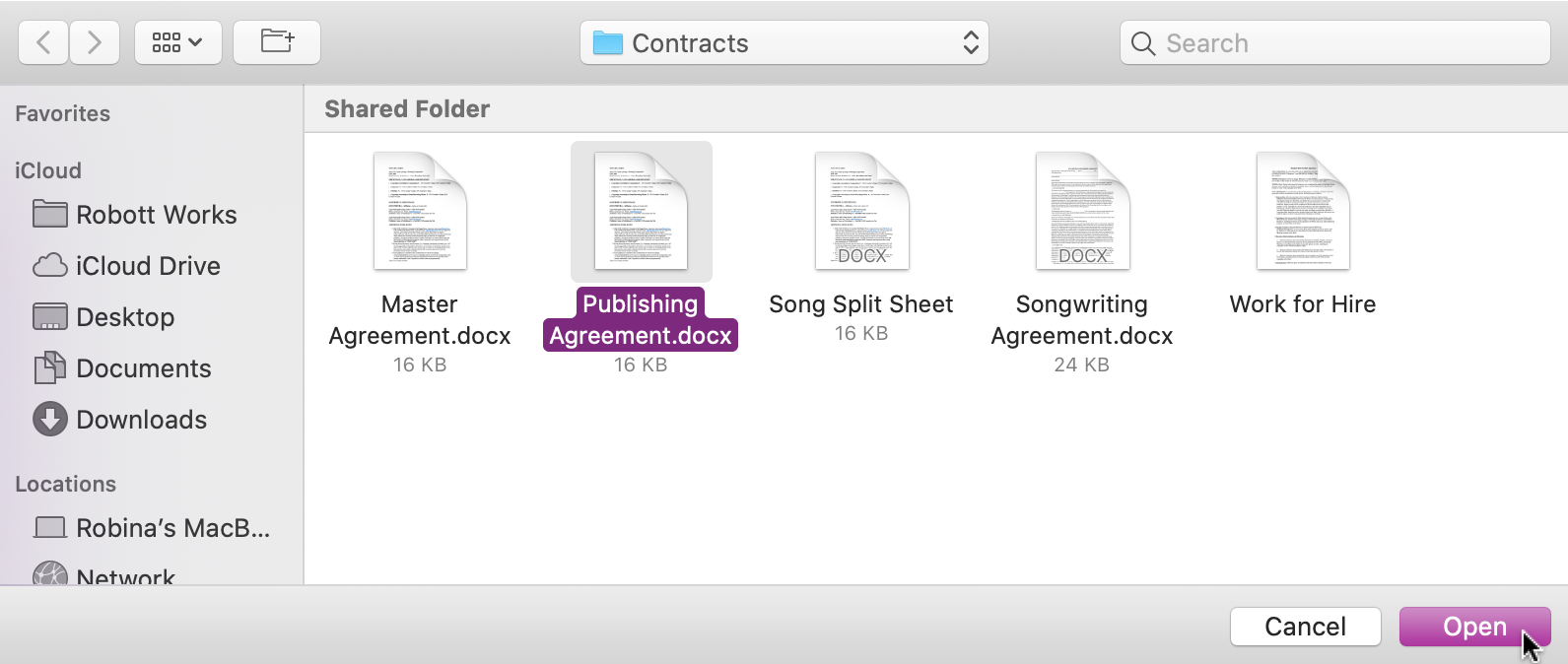 Selecting the Contract to add to the Publishing Rights Holder record from the computer.