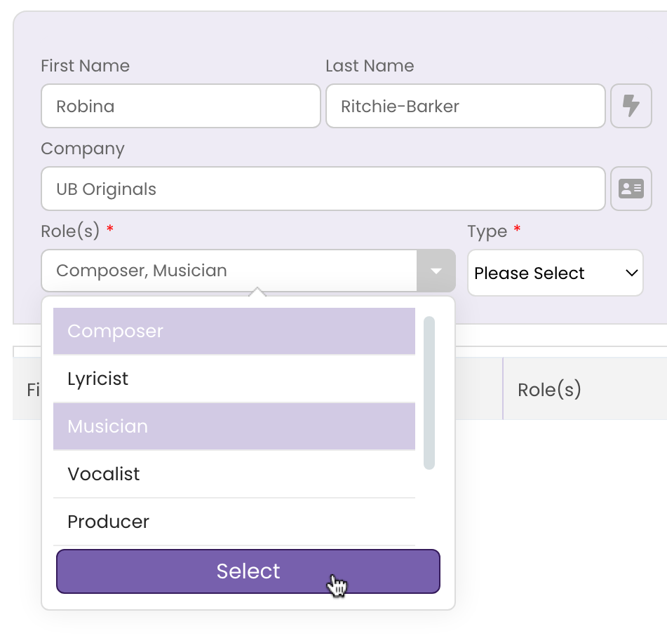 Selecting the roles that the contributor had on the track using the drop-down menu.