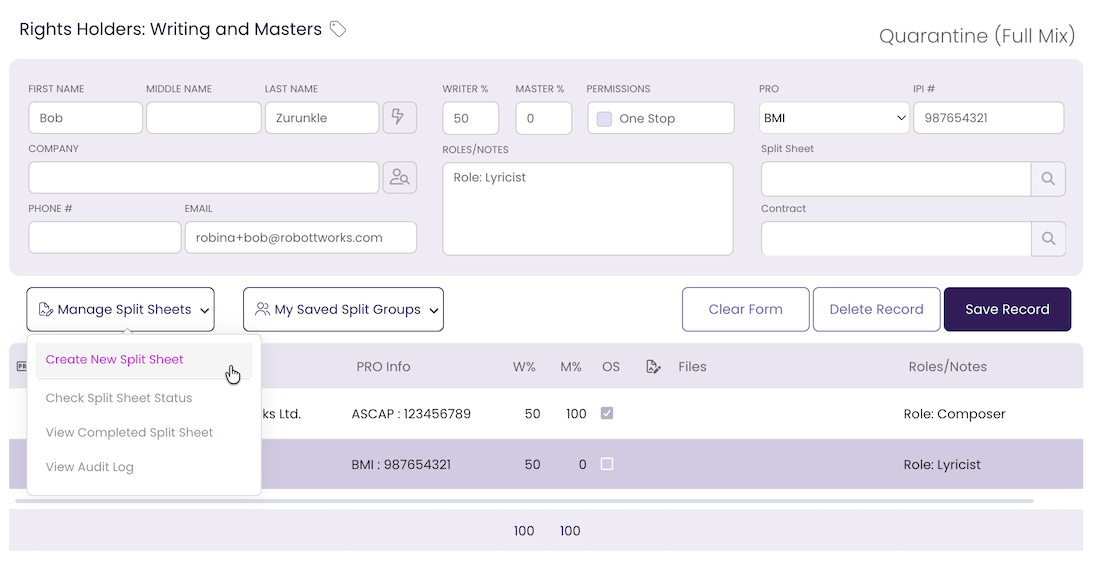 Manage Split Sheets dropdown open with Create New Split Sheet highlighted