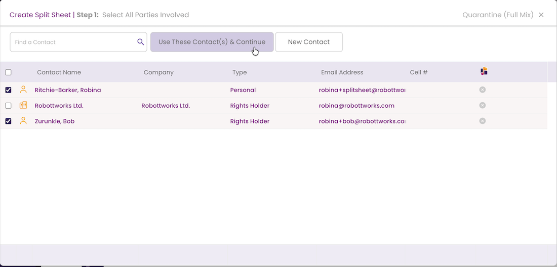 Create Split Sheet Step 1 with parties selected via checkboxes