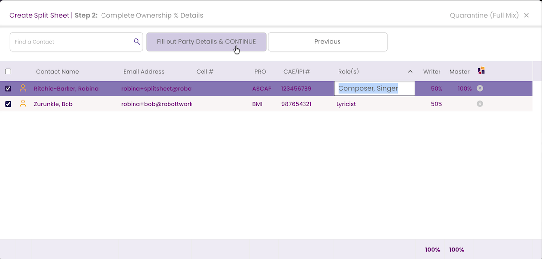 Create Split Sheet Step 2 completing ownership percentage details
