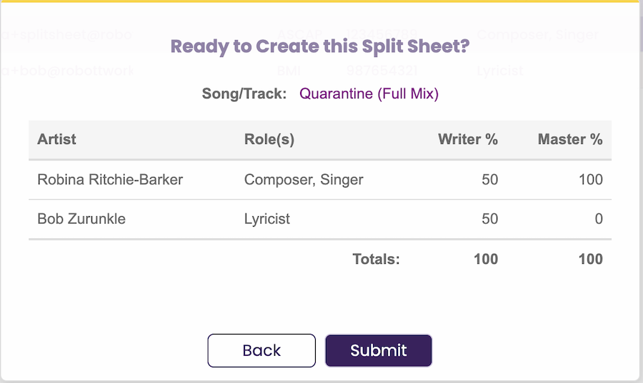 Ready to Create this Split Sheet summary screen with a Submit button