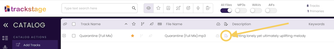 CATALOG track list with an arrow pointing to the split sheet icon on the track row