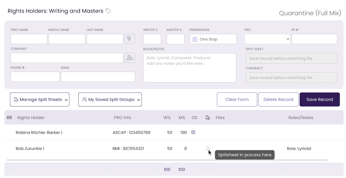 Rights Holders panel showing the split sheet status icon with a Splitsheet in process tooltip