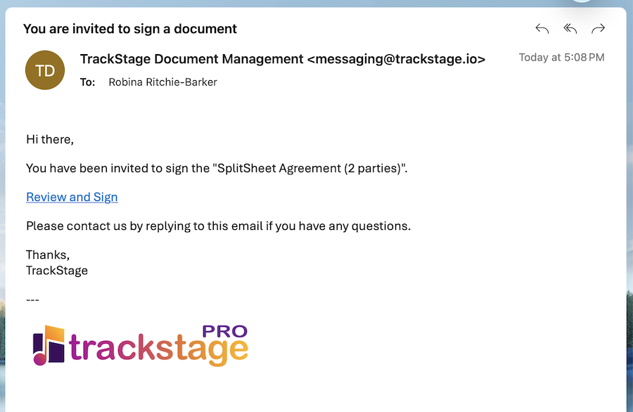 Email invitation to sign the SplitSheet Agreement with a Review and Sign link
