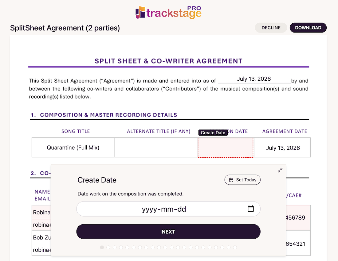DocSeal SplitSheet Agreement document with the guided field wizard open