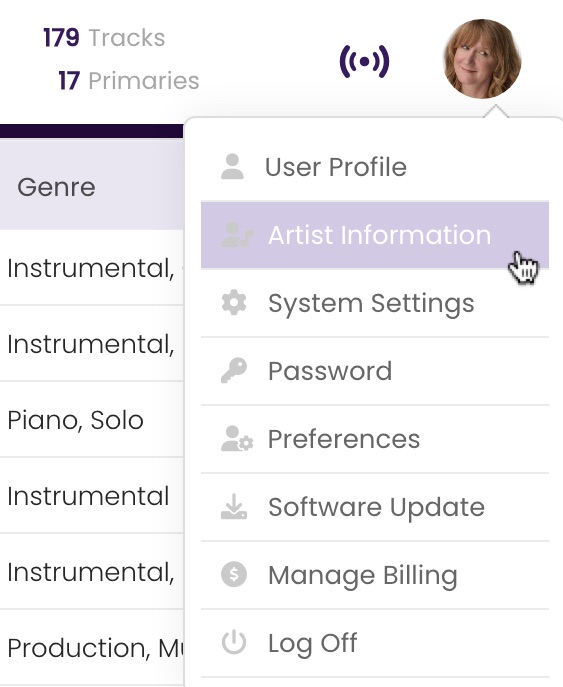 Accessing Artist Information in the User Profile using the dropdown menu.