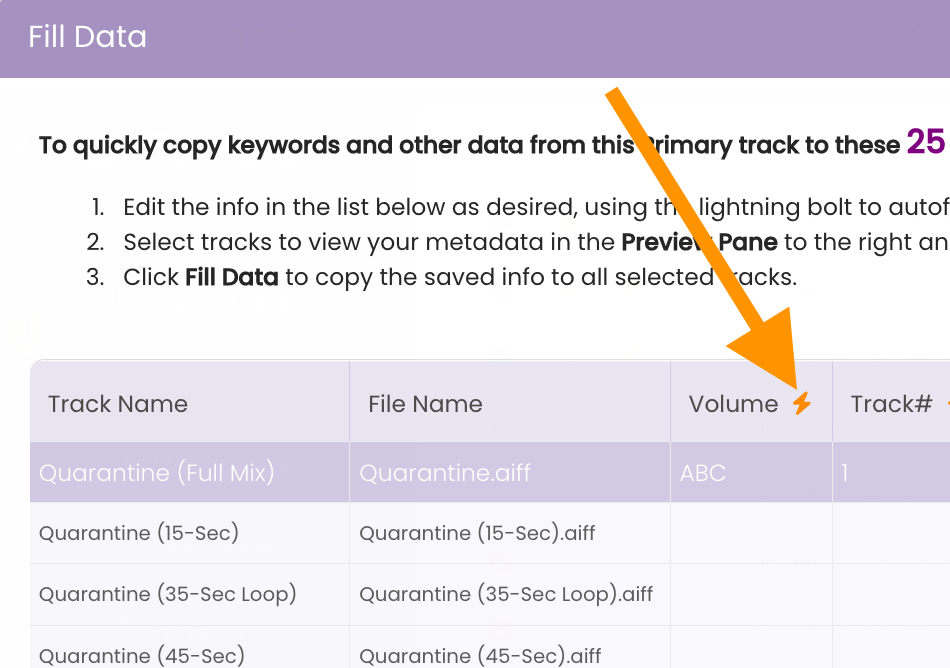 The lightning bolt next to the Volume header will autofill the volume ID to all linked tracks.
